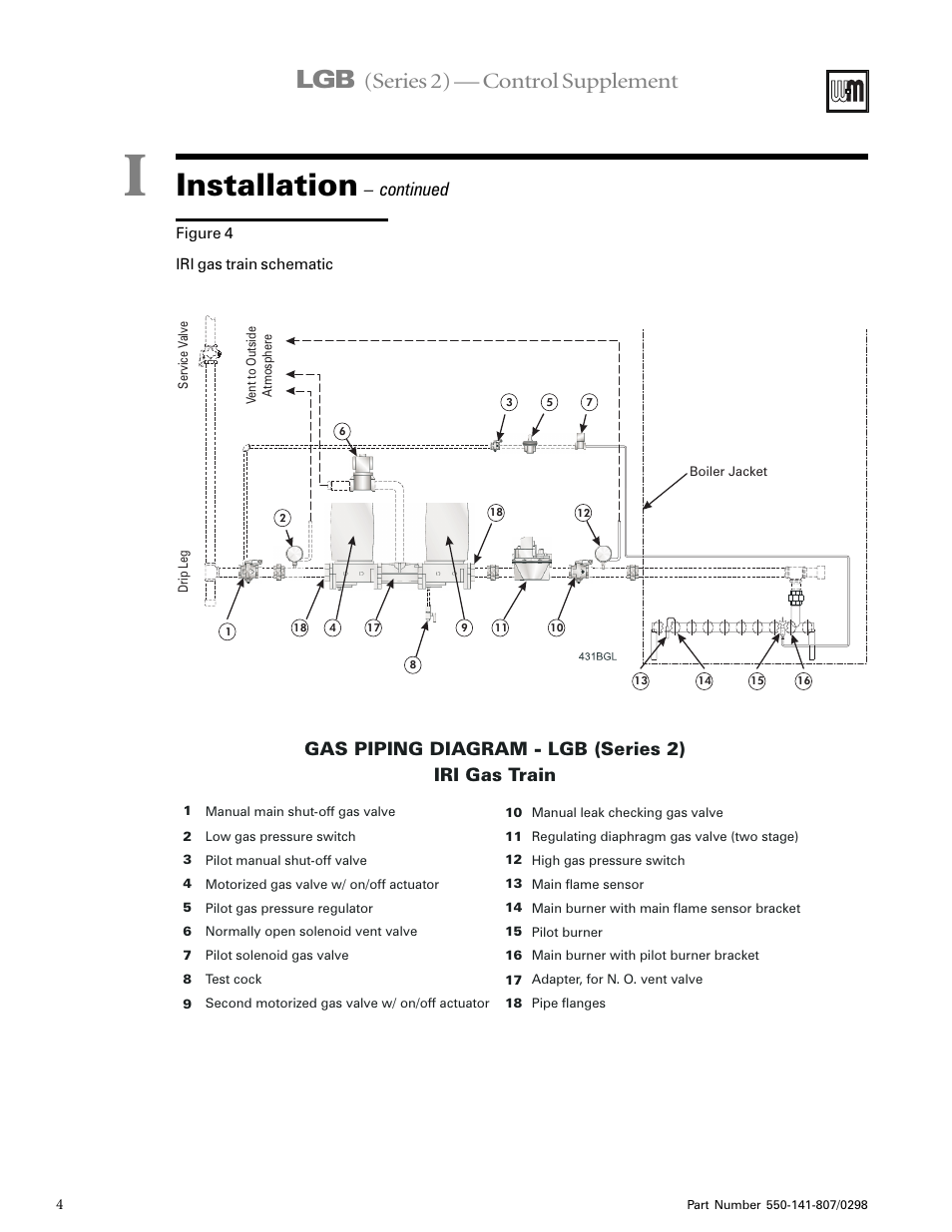 Installation, Series 2) — control supplement, Gas piping diagram - lgb (series 2) iri gas train | Continued | Weil-McLain FLAME GUARDIAN WMBC-1A User Manual | Page 4 / 11