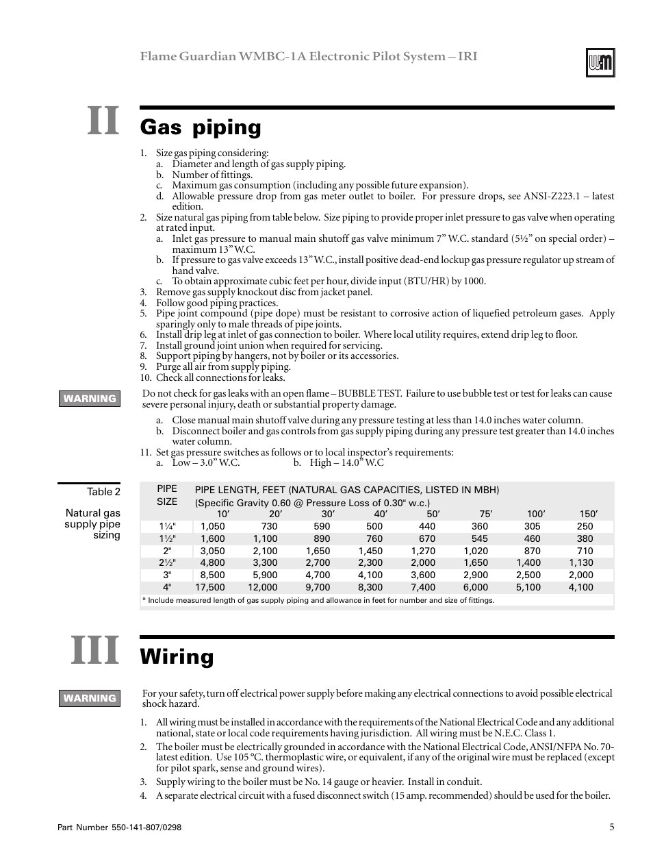 Gas piping, Wiring | Weil-McLain FLAME GUARDIAN WMBC-1A User Manual | Page 5 / 11
