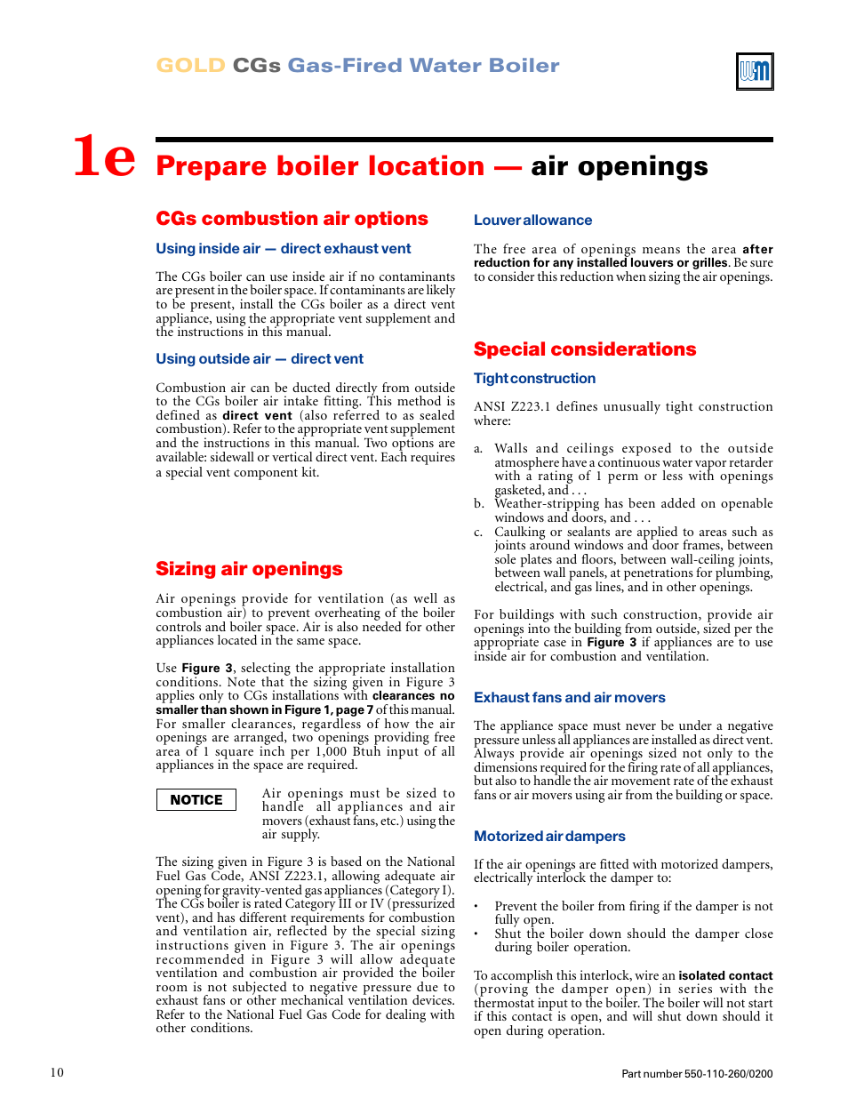 Prepare boiler location — air openings, Gold cgs gas-fired water boiler, Special considerations | Cgs combustion air options, Sizing air openings | Weil-McLain GOLD CGS 550-110-260/02002 User Manual | Page 10 / 60