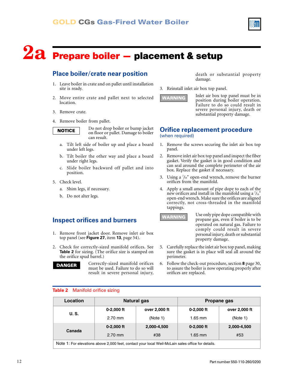 Prepare boiler — placement & setup, Inspect orifices and burners, Orifice replacement procedure | Weil-McLain GOLD CGS 550-110-260/02002 User Manual | Page 12 / 60