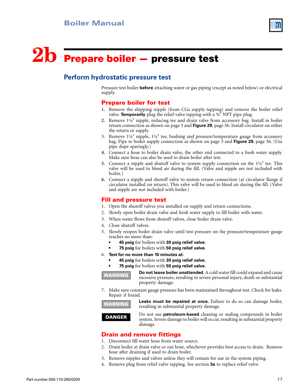 Prepare boiler — pressure test, Boiler manual, Perform hydrostatic pressure test | Weil-McLain GOLD CGS 550-110-260/02002 User Manual | Page 13 / 60