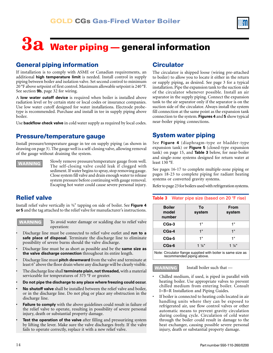 Water piping — general information, Gold cgs gas-fired water boiler, General piping information | Relief valve, System water piping, Pressure/temperature gauge, Circulator | Weil-McLain GOLD CGS 550-110-260/02002 User Manual | Page 14 / 60