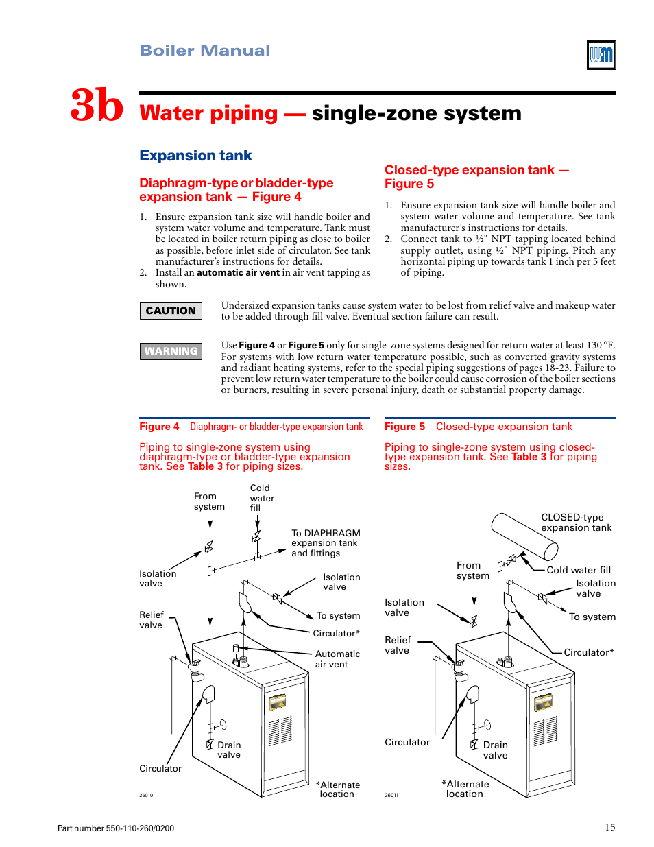 Water piping — single-zone system, Boiler manual, Expansion tank | Weil-McLain GOLD CGS 550-110-260/02002 User Manual | Page 15 / 60