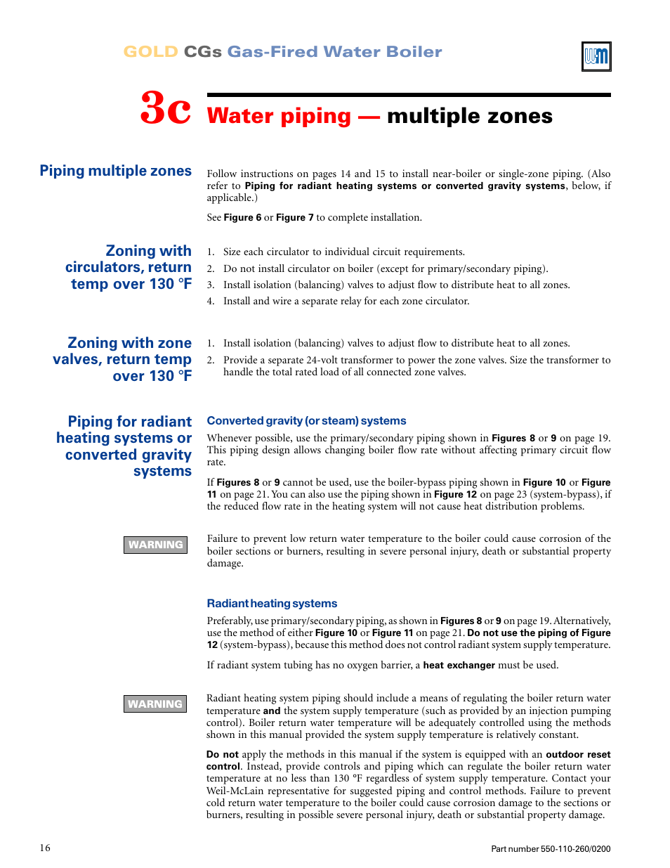 Water piping — multiple zones, Gold cgs gas-fired water boiler, Zoning with zone valves, return temp over 130 °f | Zoning with circulators, return temp over 130 °f, Piping multiple zones | Weil-McLain GOLD CGS 550-110-260/02002 User Manual | Page 16 / 60