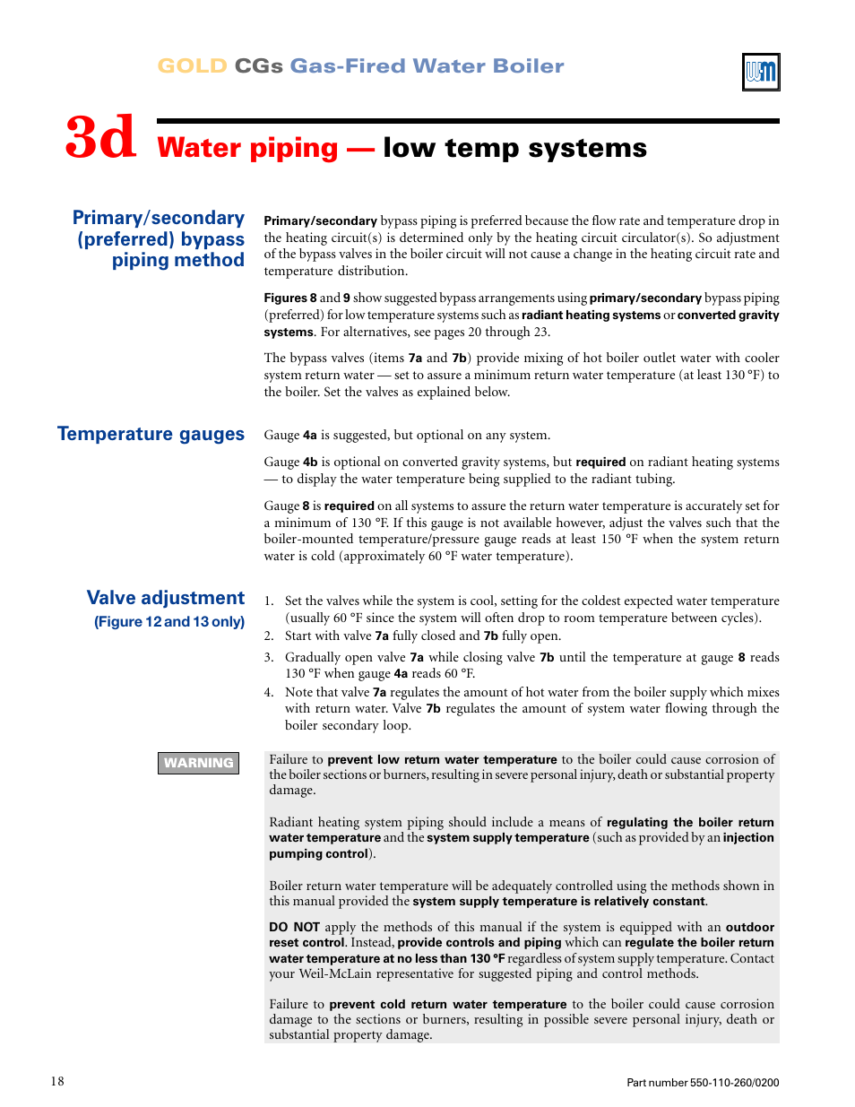 Water piping — low temp systems, Gold cgs gas-fired water boiler, Valve adjustment | Weil-McLain GOLD CGS 550-110-260/02002 User Manual | Page 18 / 60