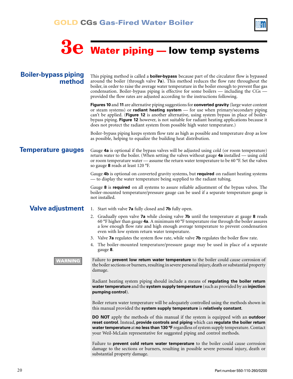 Water piping — low temp systems, Gold cgs gas-fired water boiler, Boiler-bypass piping method temperature gauges | Valve adjustment | Weil-McLain GOLD CGS 550-110-260/02002 User Manual | Page 20 / 60