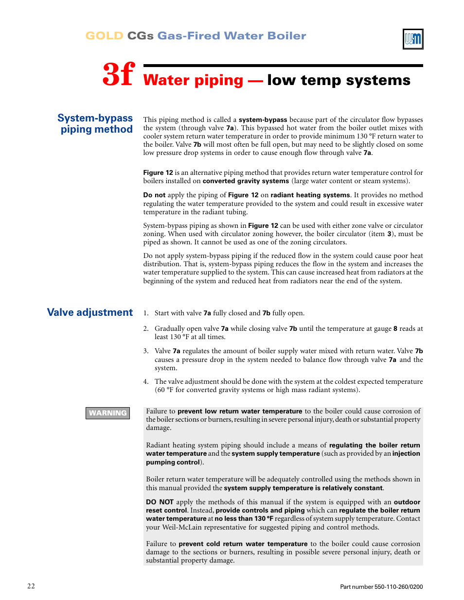 Water piping — low temp systems, Gold cgs gas-fired water boiler, Valve adjustment | System-bypass piping method | Weil-McLain GOLD CGS 550-110-260/02002 User Manual | Page 22 / 60