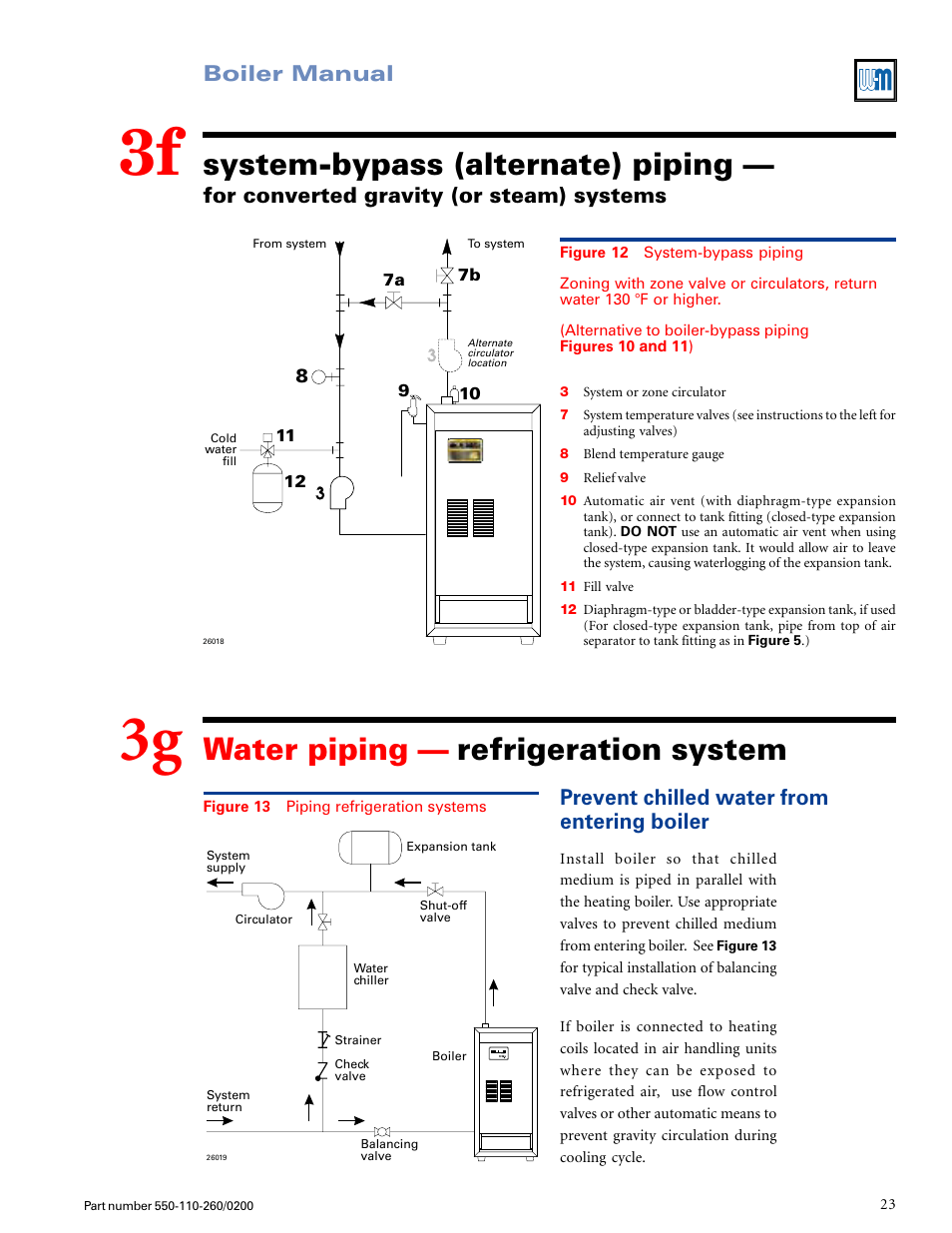 System-bypass (alternate) piping, Water piping — refrigeration system, Boiler manual | For converted gravity (or steam) systems, Prevent chilled water from entering boiler | Weil-McLain GOLD CGS 550-110-260/02002 User Manual | Page 23 / 60