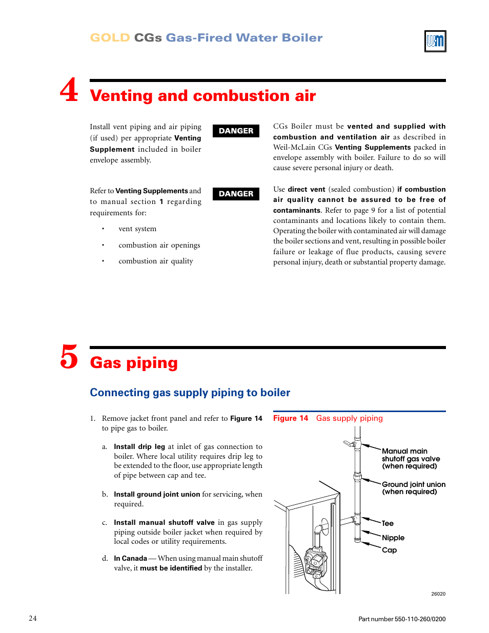 Gas piping, Venting and combustion air, Gold cgs gas-fired water boiler | Connecting gas supply piping to boiler | Weil-McLain GOLD CGS 550-110-260/02002 User Manual | Page 24 / 60