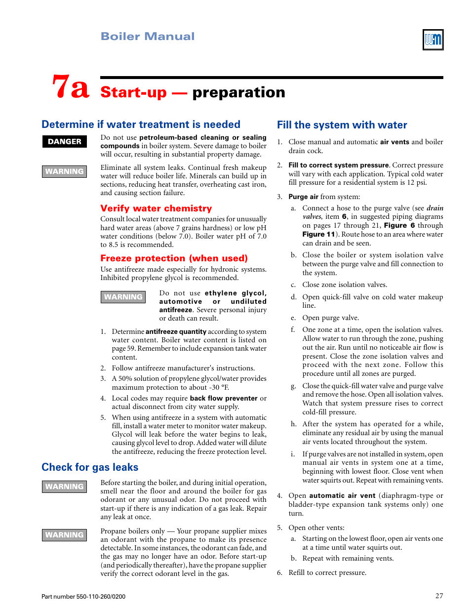 Start-up — preparation, Fill the system with water, Check for gas leaks | Weil-McLain GOLD CGS 550-110-260/02002 User Manual | Page 27 / 60