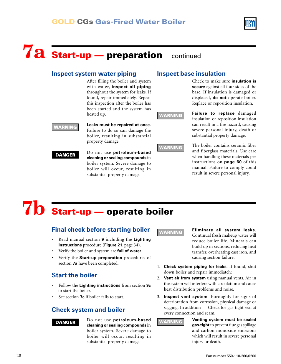 Start-up — operate boiler, Start-up — preparation, Gold cgs gas-fired water boiler | Inspect system water piping, Continued, Final check before starting boiler, Start the boiler, Check system and boiler, Inspect base insulation | Weil-McLain GOLD CGS 550-110-260/02002 User Manual | Page 28 / 60