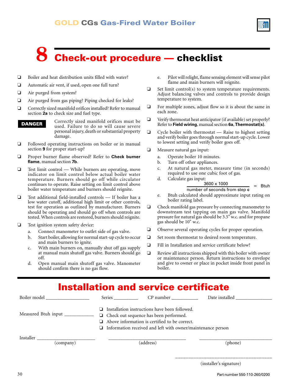 Check-out procedure — checklist, Installation and service certificate, Gold cgs gas-fired water boiler | Weil-McLain GOLD CGS 550-110-260/02002 User Manual | Page 30 / 60