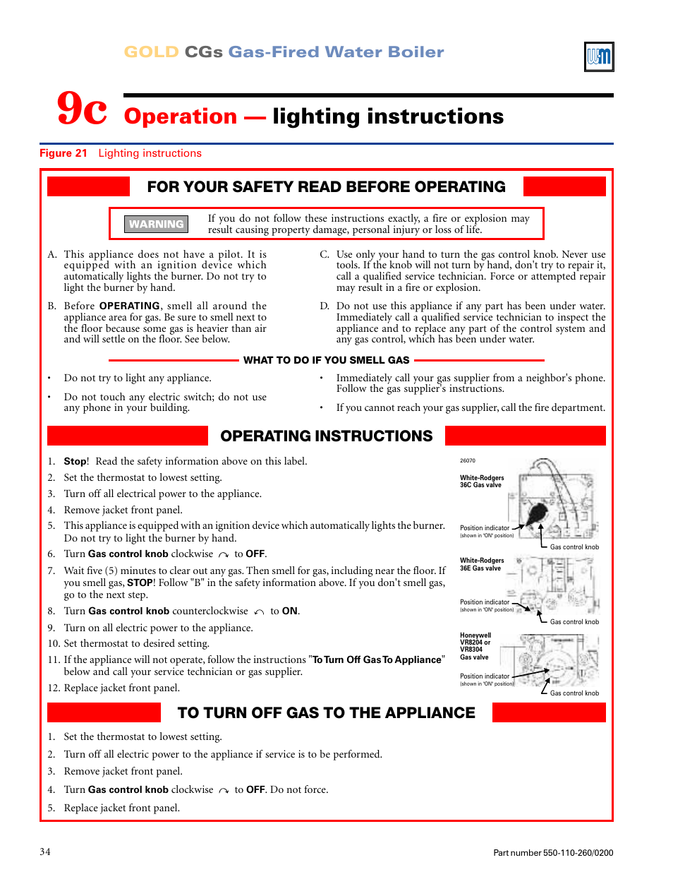 Operation — lighting instructions, Gold cgs gas-fired water boiler | Weil-McLain GOLD CGS 550-110-260/02002 User Manual | Page 34 / 60