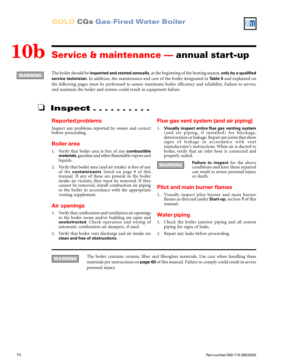 Service & maintenance — annual start-up, Inspect, Gold cgs gas-fired water boiler | Weil-McLain GOLD CGS 550-110-260/02002 User Manual | Page 36 / 60