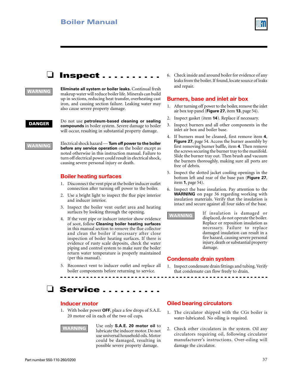 Service, Inspect, Boiler manual | Weil-McLain GOLD CGS 550-110-260/02002 User Manual | Page 37 / 60