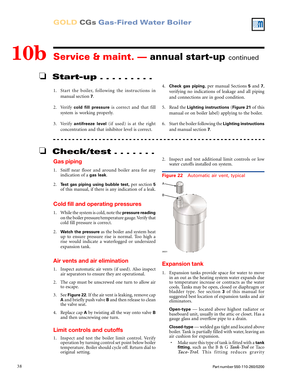 Service & maint. — annual start-up, Start-up, Check/test | Gold cgs gas-fired water boiler, Continued | Weil-McLain GOLD CGS 550-110-260/02002 User Manual | Page 38 / 60