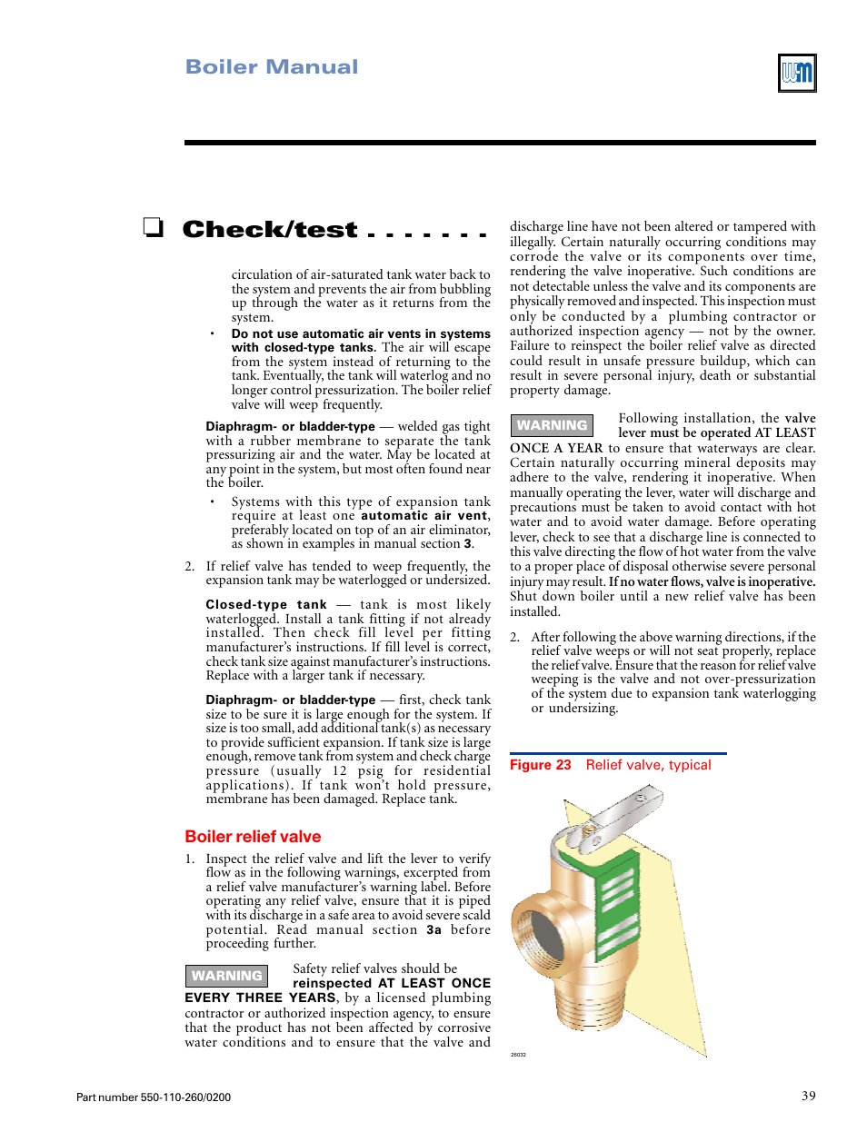 Check/test, Boiler manual | Weil-McLain GOLD CGS 550-110-260/02002 User Manual | Page 39 / 60