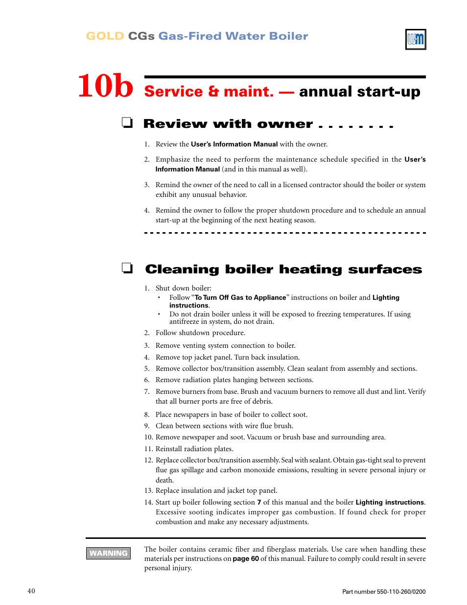 Service & maint. — annual start-up, Review with owner, Cleaning boiler heating surfaces | Gold cgs gas-fired water boiler | Weil-McLain GOLD CGS 550-110-260/02002 User Manual | Page 40 / 60