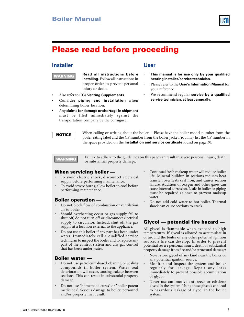 Please read before proceeding, Boiler manual, Installer | User | Weil-McLain GOLD CGS 550-110-260/02002 User Manual | Page 5 / 60