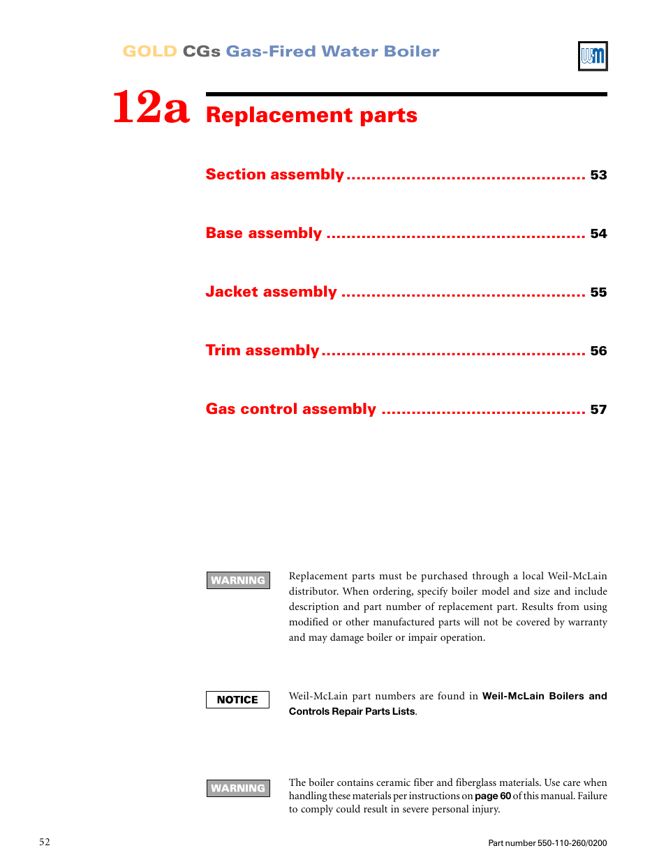 Replacement parts | Weil-McLain GOLD CGS 550-110-260/02002 User Manual | Page 52 / 60