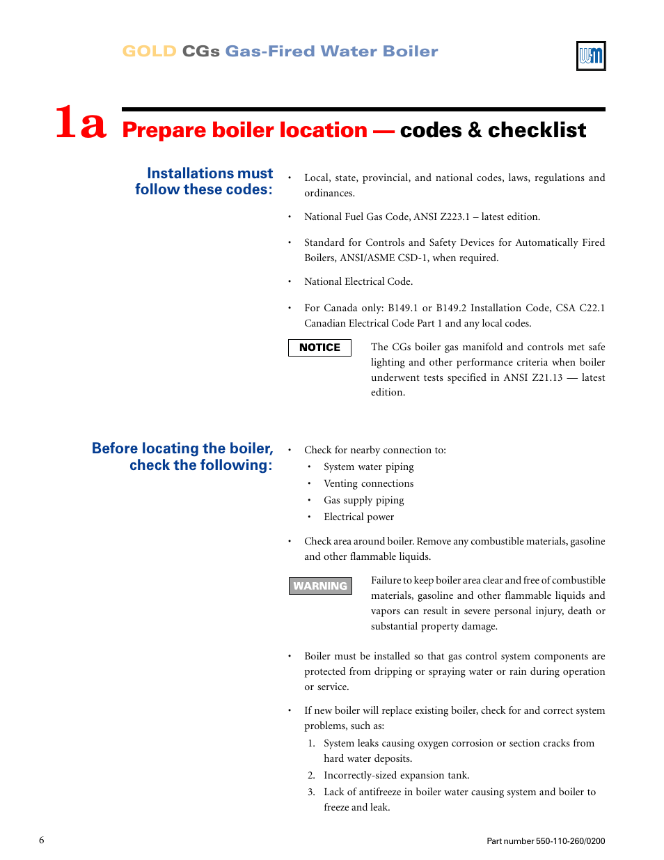 Prepare boiler location — codes & checklist | Weil-McLain GOLD CGS 550-110-260/02002 User Manual | Page 6 / 60