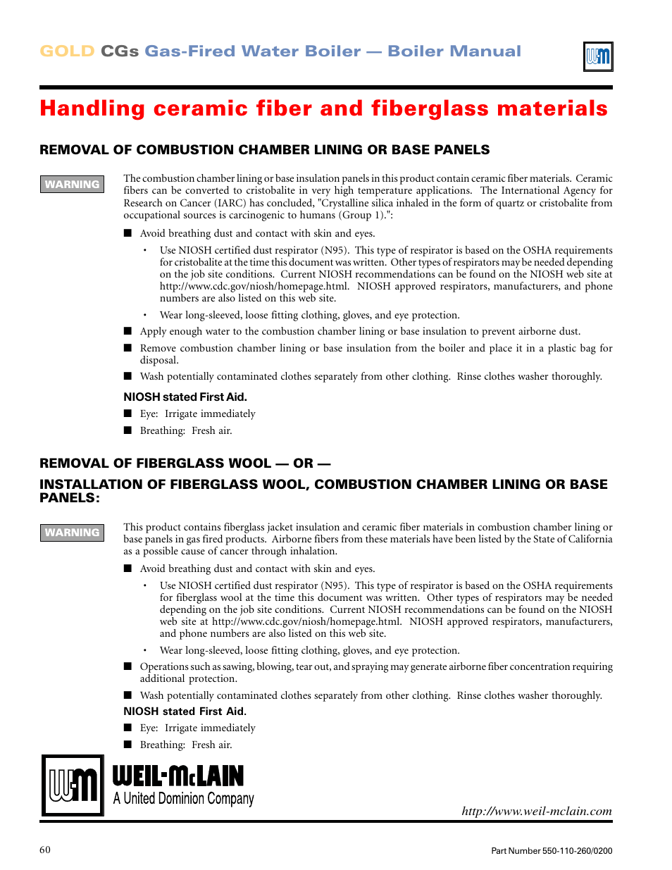 Handling ceramic fiber and fiberglass materials, Gold cgs gas-fired water boiler — boiler manual | Weil-McLain GOLD CGS 550-110-260/02002 User Manual | Page 60 / 60