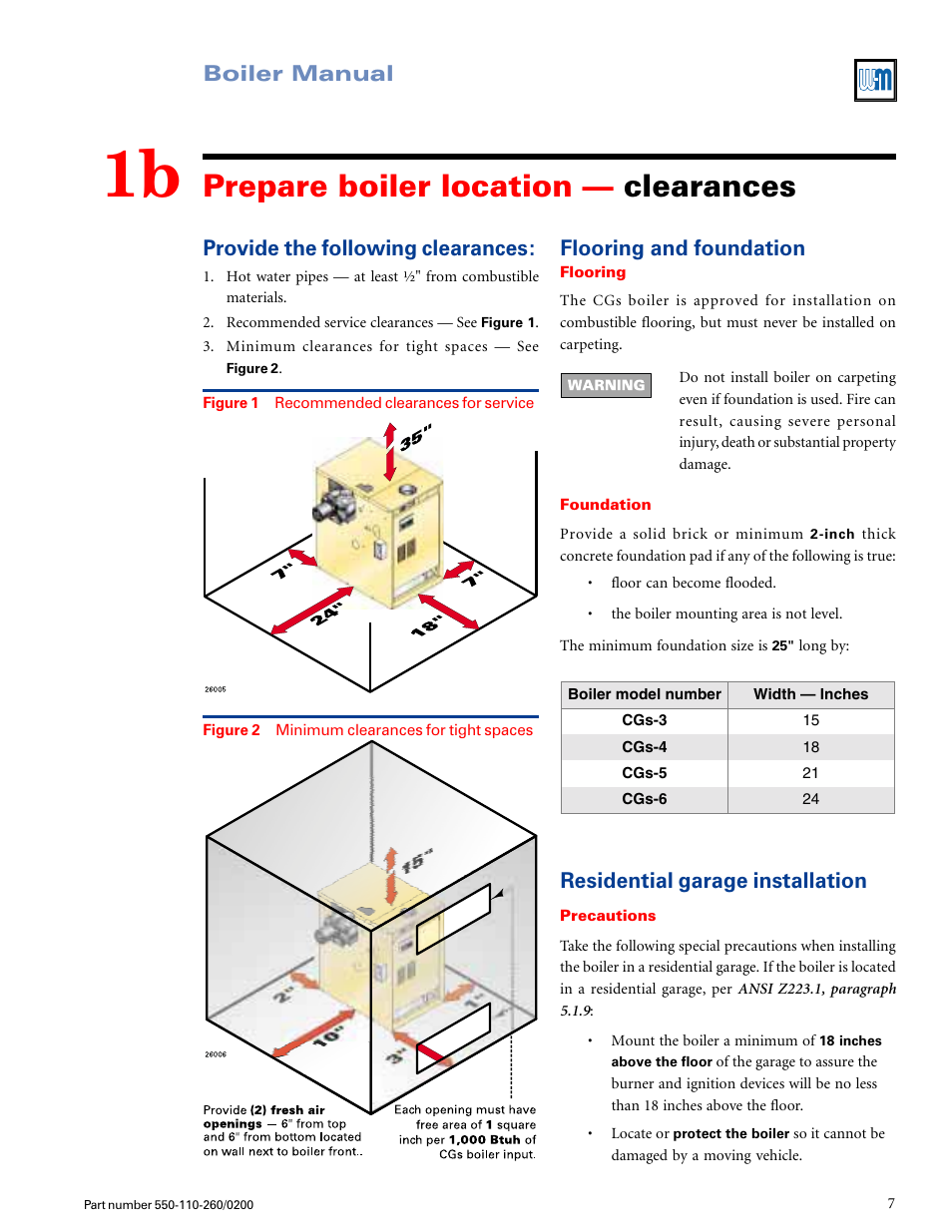 Prepare boiler location — clearances, Boiler manual, Residential garage installation | Provide the following clearances, Flooring and foundation | Weil-McLain GOLD CGS 550-110-260/02002 User Manual | Page 7 / 60