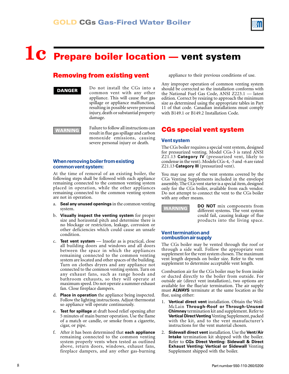 Prepare boiler location — vent system, Gold cgs gas-fired water boiler | Weil-McLain GOLD CGS 550-110-260/02002 User Manual | Page 8 / 60