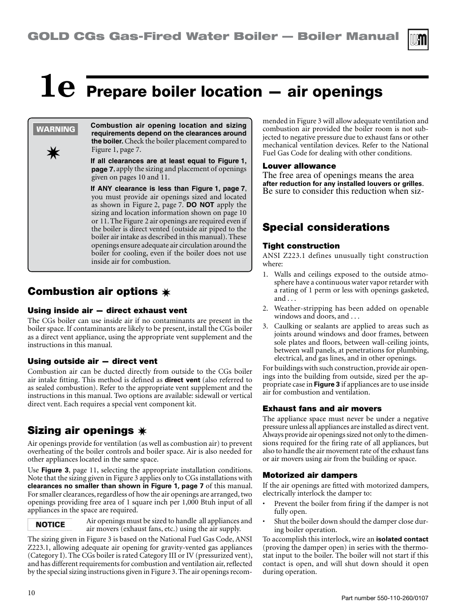 Prepare boiler location — air openings, Gold cgs gas-fired water boiler — boiler manual, Special considerations | Combustion air options, Sizing air openings | Weil-McLain GOLD CGS 550-110-260/0107 User Manual | Page 10 / 64