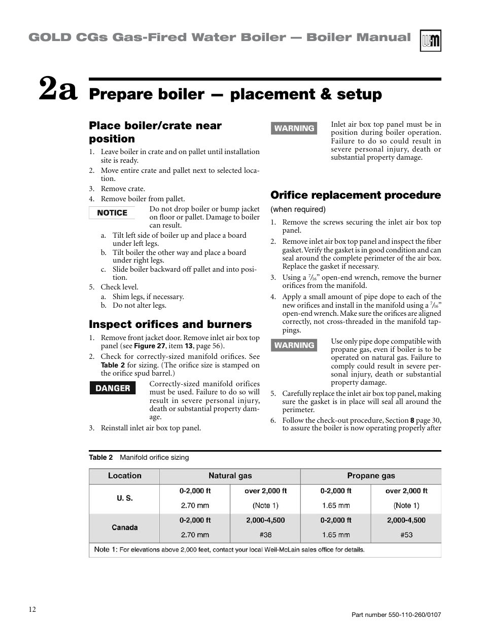 Prepare boiler — placement & setup, Inspect orifices and burners, Orifice replacement procedure | Weil-McLain GOLD CGS 550-110-260/0107 User Manual | Page 12 / 64