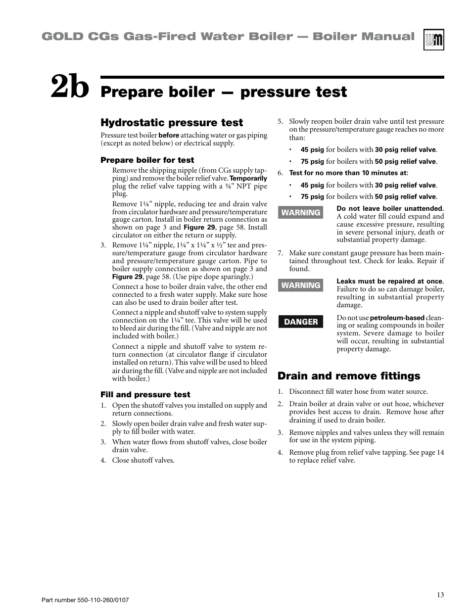 Prepare boiler — pressure test, Gold cgs gas-fired water boiler — boiler manual, Hydrostatic pressure test | Drain and remove fittings | Weil-McLain GOLD CGS 550-110-260/0107 User Manual | Page 13 / 64