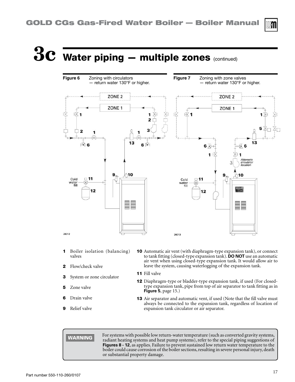 Water piping — multiple zones, Gold cgs gas-fired water boiler — boiler manual | Weil-McLain GOLD CGS 550-110-260/0107 User Manual | Page 17 / 64