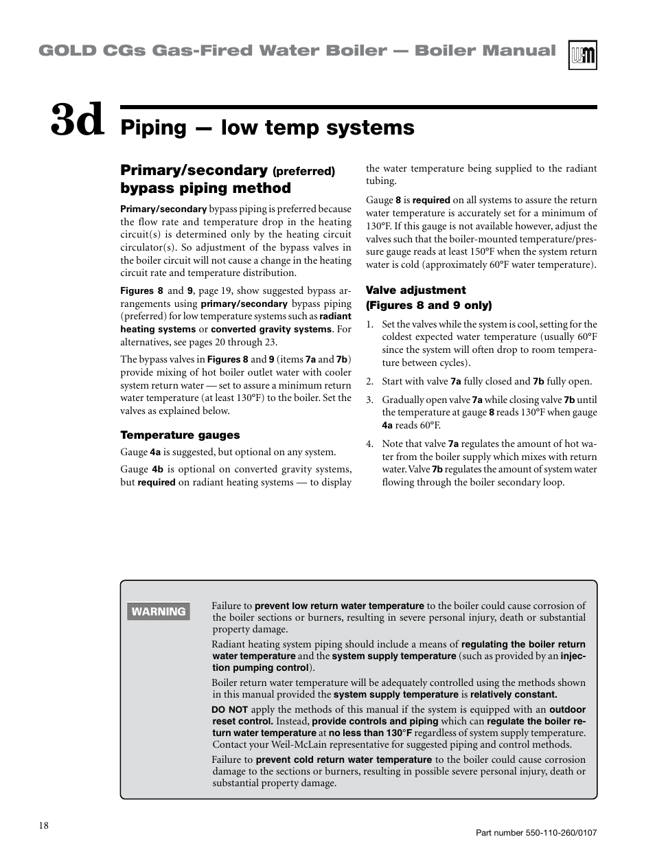 Piping — low temp systems, Gold cgs gas-fired water boiler — boiler manual, Primary/secondary | Bypass piping method | Weil-McLain GOLD CGS 550-110-260/0107 User Manual | Page 18 / 64