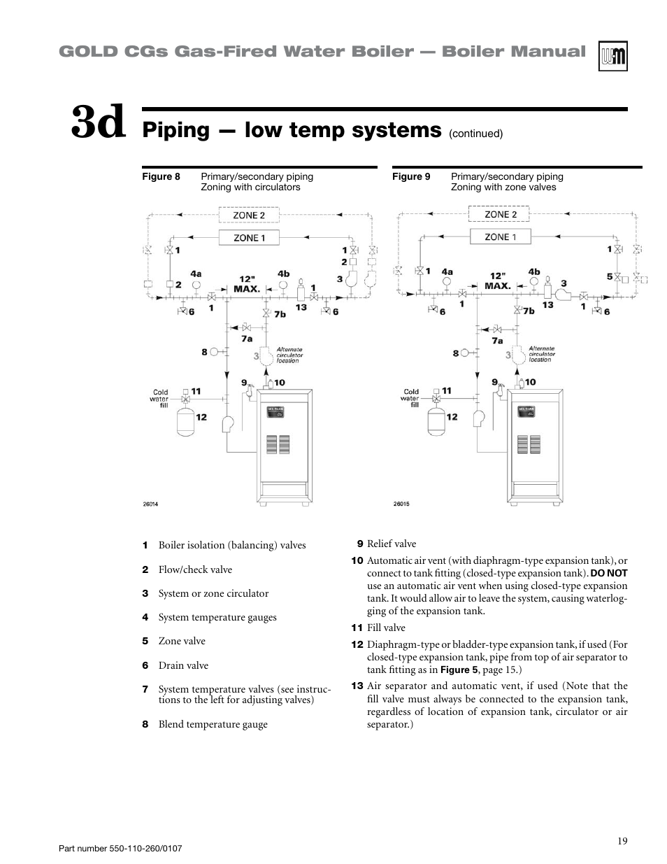 Piping — low temp systems, Gold cgs gas-fired water boiler — boiler manual | Weil-McLain GOLD CGS 550-110-260/0107 User Manual | Page 19 / 64