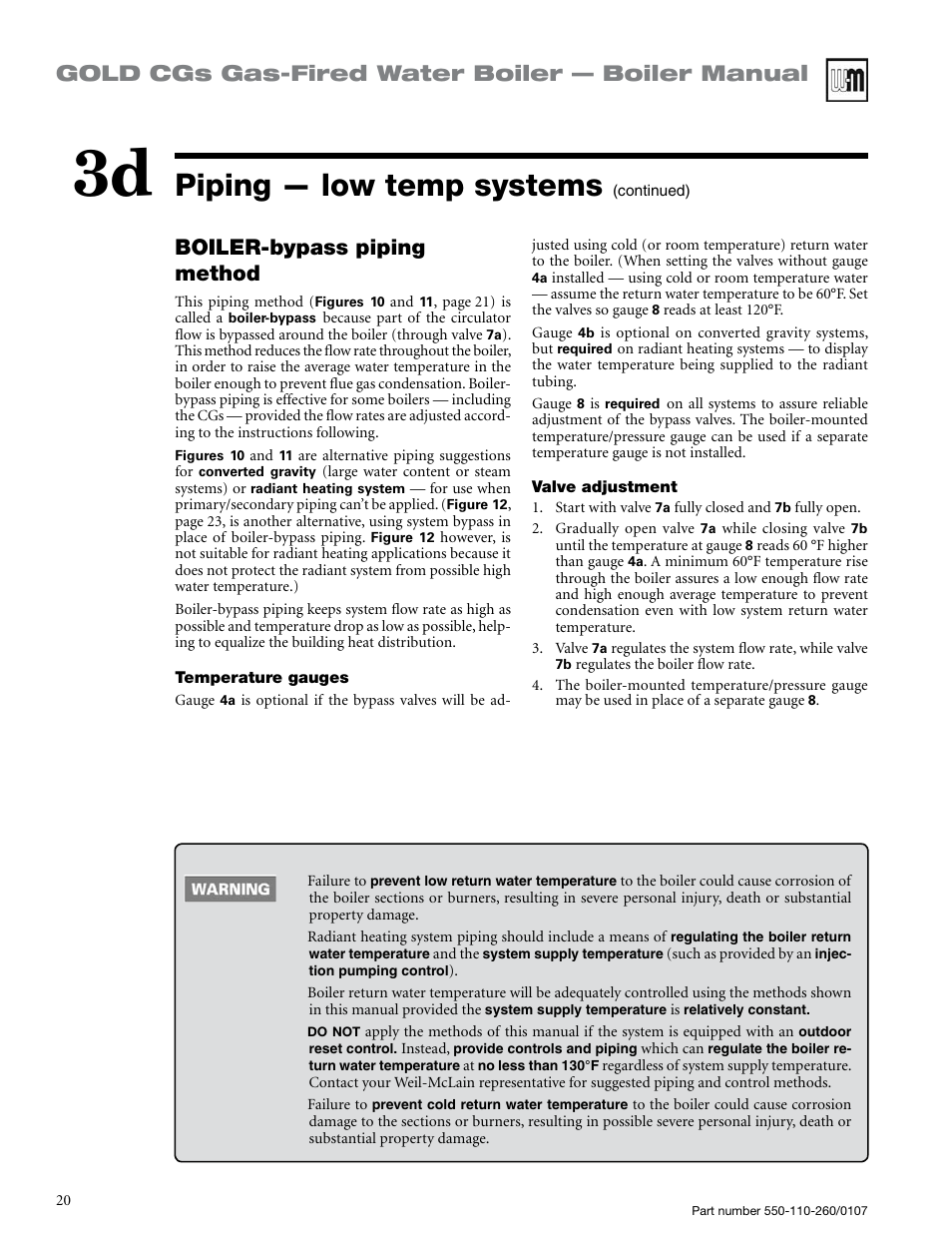 Piping — low temp systems, Gold cgs gas-fired water boiler — boiler manual, Boiler-bypass piping method | Weil-McLain GOLD CGS 550-110-260/0107 User Manual | Page 20 / 64