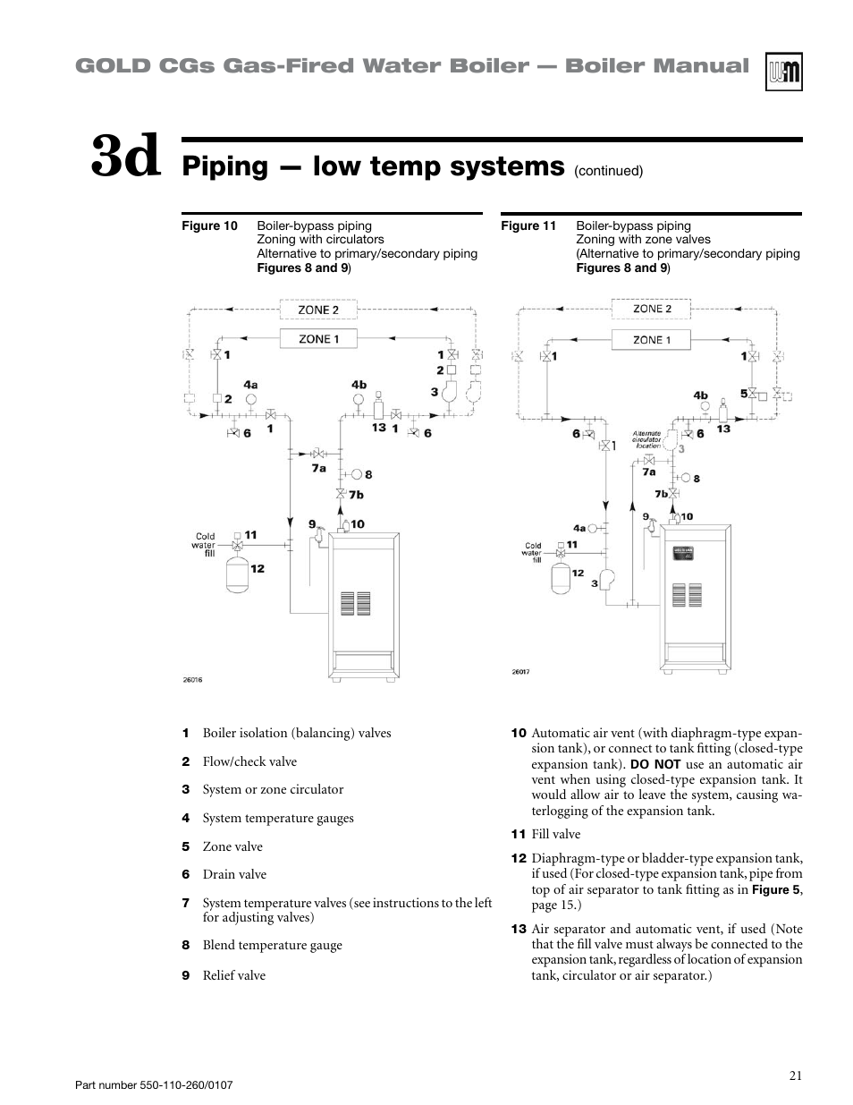 Piping — low temp systems, Gold cgs gas-fired water boiler — boiler manual | Weil-McLain GOLD CGS 550-110-260/0107 User Manual | Page 21 / 64