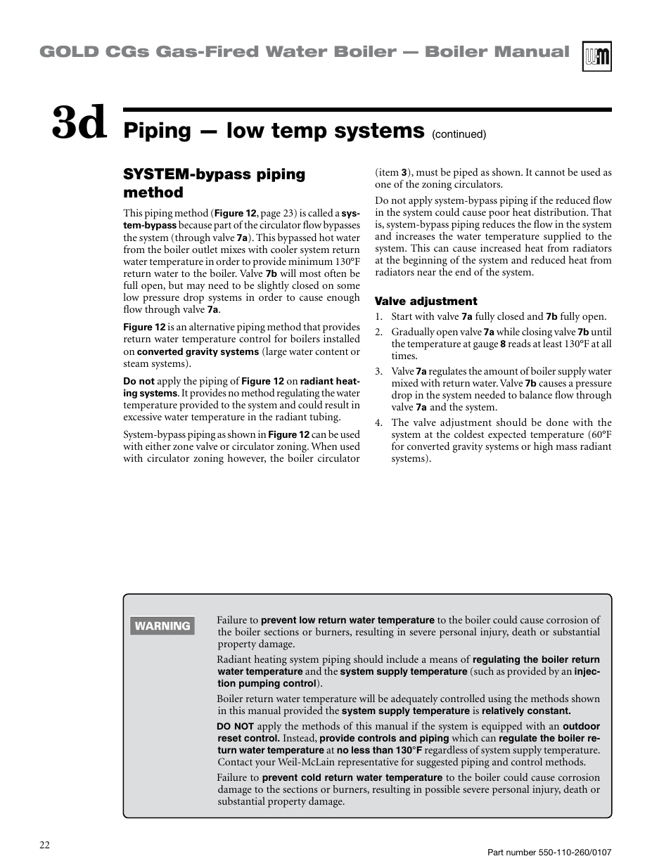 Piping — low temp systems, Gold cgs gas-fired water boiler — boiler manual, System-bypass piping method | Weil-McLain GOLD CGS 550-110-260/0107 User Manual | Page 22 / 64