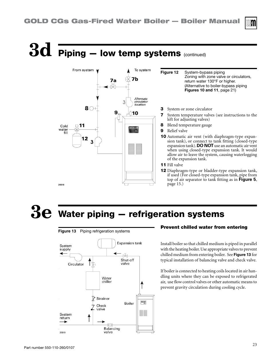 Water piping — refrigeration systems, Piping — low temp systems | Weil-McLain GOLD CGS 550-110-260/0107 User Manual | Page 23 / 64