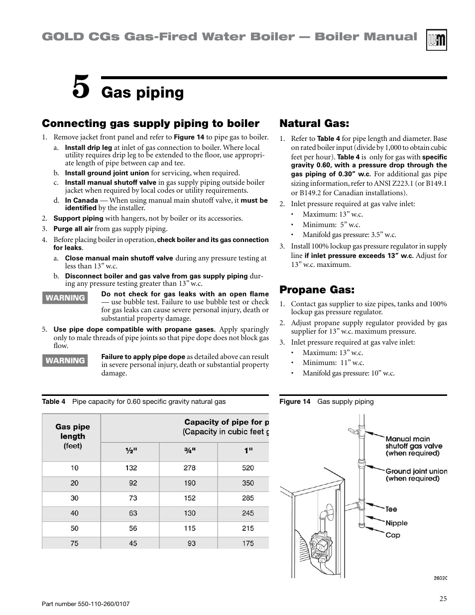 Gas piping, Gold cgs gas-fired water boiler — boiler manual, Natural gas | Propane gas, Connecting gas supply piping to boiler | Weil-McLain GOLD CGS 550-110-260/0107 User Manual | Page 25 / 64