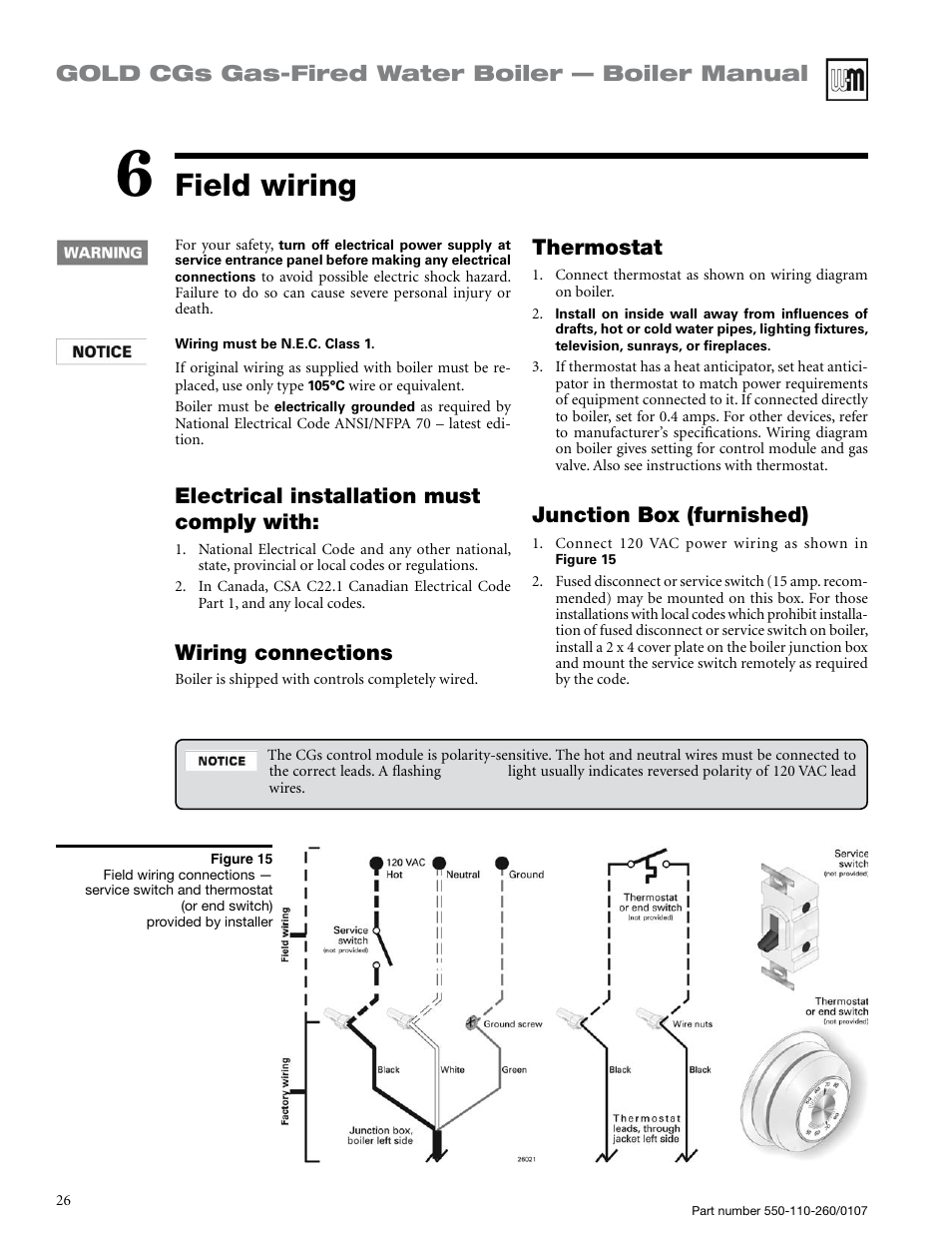 Field wiring, Gold cgs gas-fired water boiler — boiler manual, Thermostat | Junction box (furnished), Electrical installation must comply with, Wiring connections | Weil-McLain GOLD CGS 550-110-260/0107 User Manual | Page 26 / 64