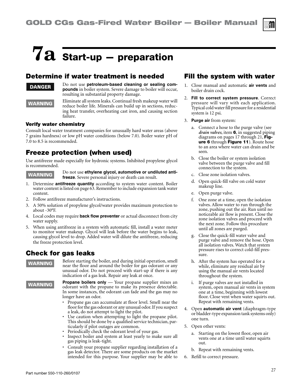 Start-up — preparation, Gold cgs gas-fired water boiler — boiler manual, Fill the system with water | Determine if water treatment is needed, Freeze protection (when used), Check for gas leaks | Weil-McLain GOLD CGS 550-110-260/0107 User Manual | Page 27 / 64