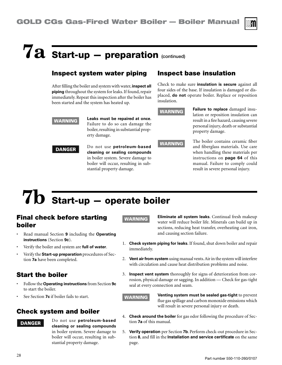 Start-up — operate boiler, Start-up — preparation, Gold cgs gas-fired water boiler — boiler manual | Inspect system water piping, Final check before starting boiler, Start the boiler, Check system and boiler, Inspect base insulation | Weil-McLain GOLD CGS 550-110-260/0107 User Manual | Page 28 / 64