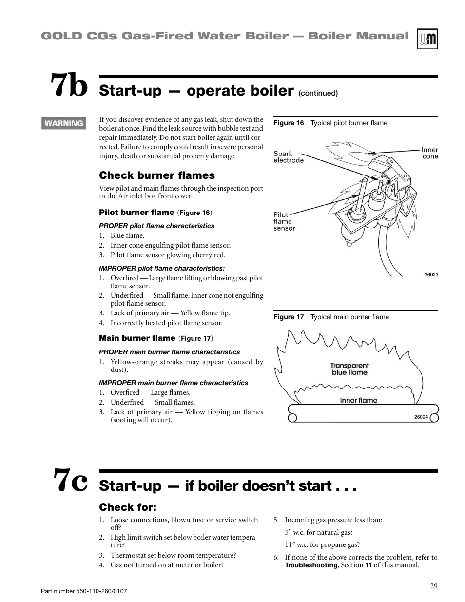 Start-up — operate boiler, Start-up — if boiler doesn’t start | Weil-McLain GOLD CGS 550-110-260/0107 User Manual | Page 29 / 64