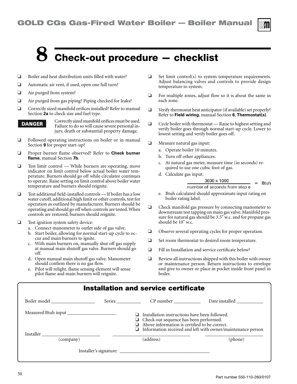 Check-out procedure — checklist, Gold cgs gas-fired water boiler — boiler manual, Installation and service certificate | Weil-McLain GOLD CGS 550-110-260/0107 User Manual | Page 30 / 64