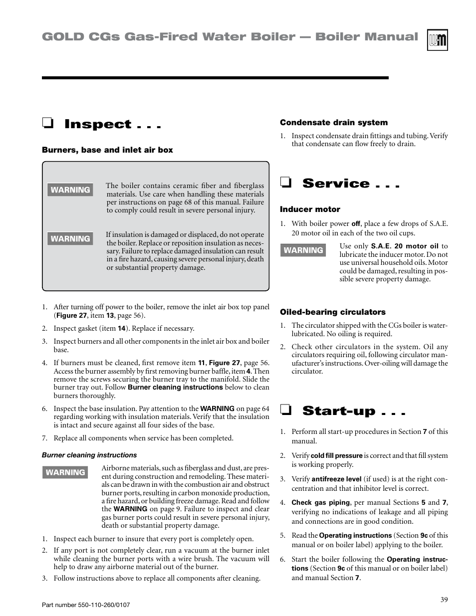 Inspect, Service, Start-up | Gold cgs gas-fired water boiler — boiler manual | Weil-McLain GOLD CGS 550-110-260/0107 User Manual | Page 39 / 64