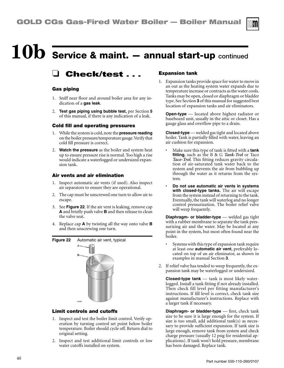 Service & maint. — annual start-up, Check/test, Gold cgs gas-fired water boiler — boiler manual | Continued | Weil-McLain GOLD CGS 550-110-260/0107 User Manual | Page 40 / 64