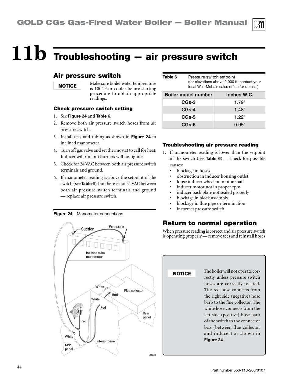 Troubleshooting — air pressure switch, Gold cgs gas-fired water boiler — boiler manual, Air pressure switch | Return to normal operation | Weil-McLain GOLD CGS 550-110-260/0107 User Manual | Page 44 / 64