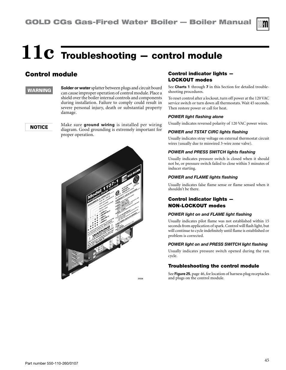 Troubleshooting — control module, Gold cgs gas-fired water boiler — boiler manual, Control module | Weil-McLain GOLD CGS 550-110-260/0107 User Manual | Page 45 / 64