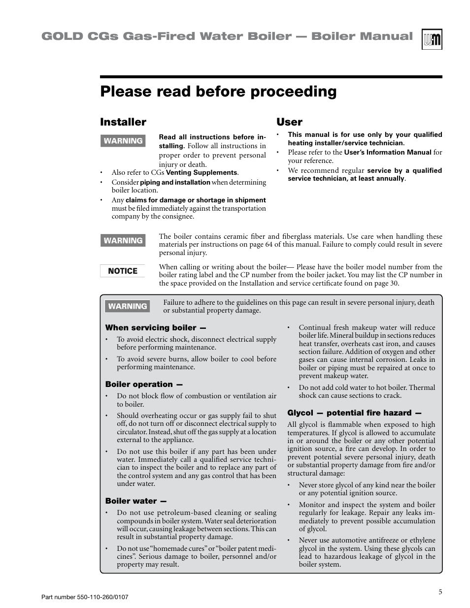 Please read before proceeding, Gold cgs gas-fired water boiler — boiler manual, Installer | User | Weil-McLain GOLD CGS 550-110-260/0107 User Manual | Page 5 / 64