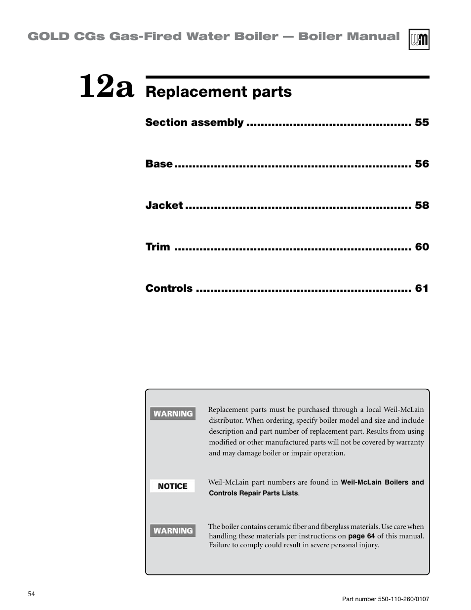 Replacement parts | Weil-McLain GOLD CGS 550-110-260/0107 User Manual | Page 54 / 64